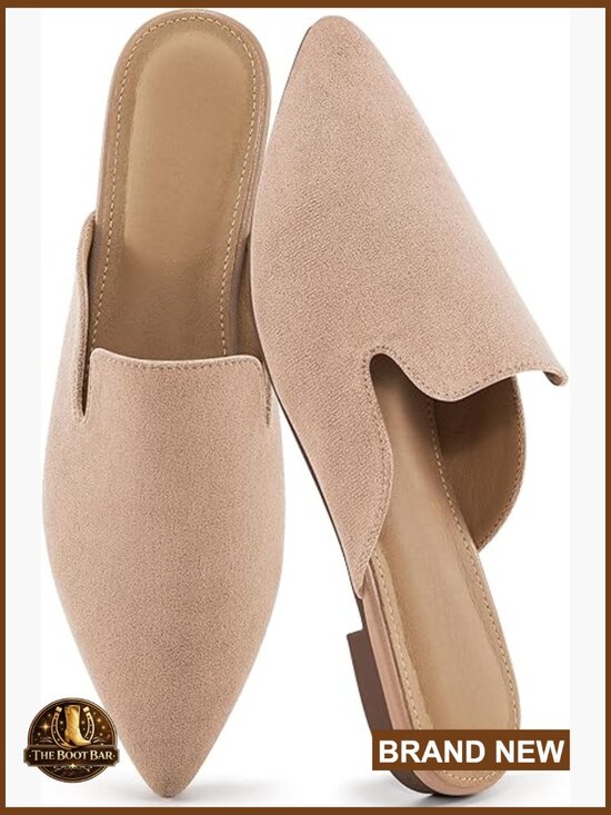 Shoes - Pointed Toe Mules Slip On Flats Faux Suede Rubber Sole Comfortable Casual Work